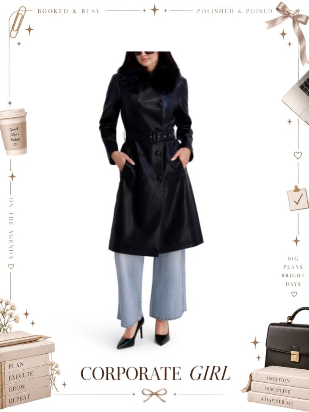 Faux Leather Faux Fur Belted Trench Coat Notch Collar Long Sleeve